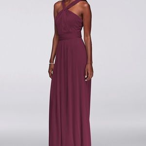 Long Wine colored Y-Neck Long Mesh Dress